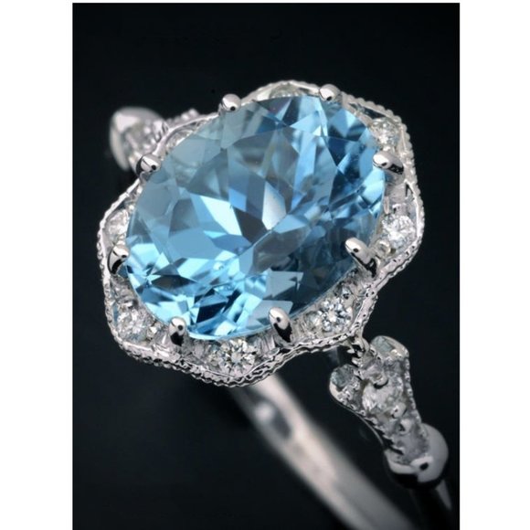 *NEW 925 Sterling Silver Aquamarine Diamond Ring - Picture 6 of 7